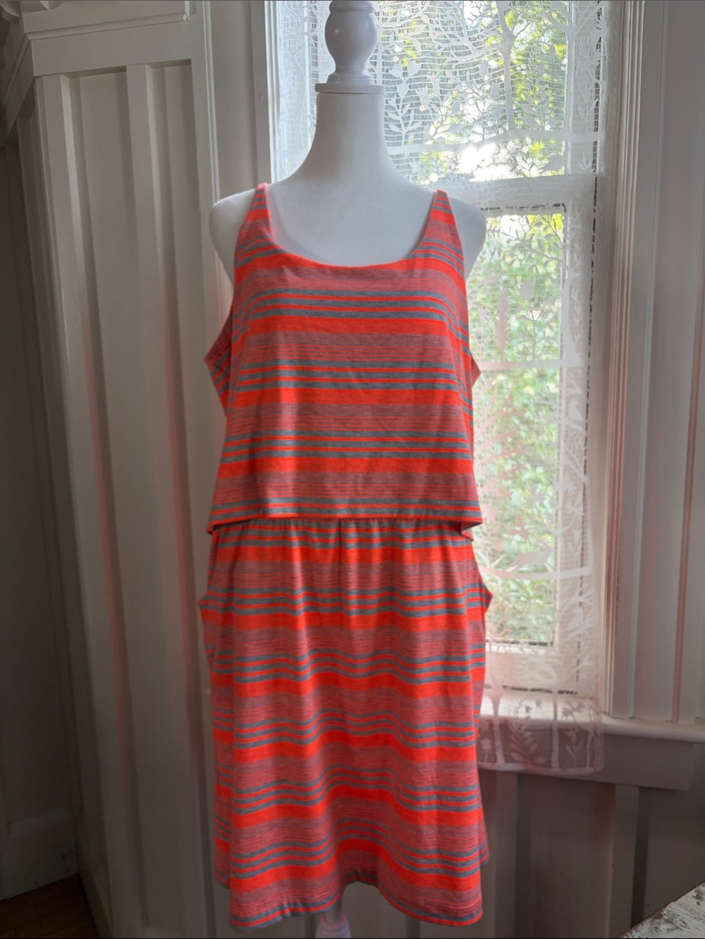 Kavu Striped Cotton Tank Dress Orange/Grey pockets size L